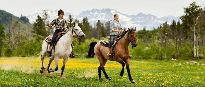 Confident plus-size woman riding Whitley Sands a horse through a field with a smile on her face.
